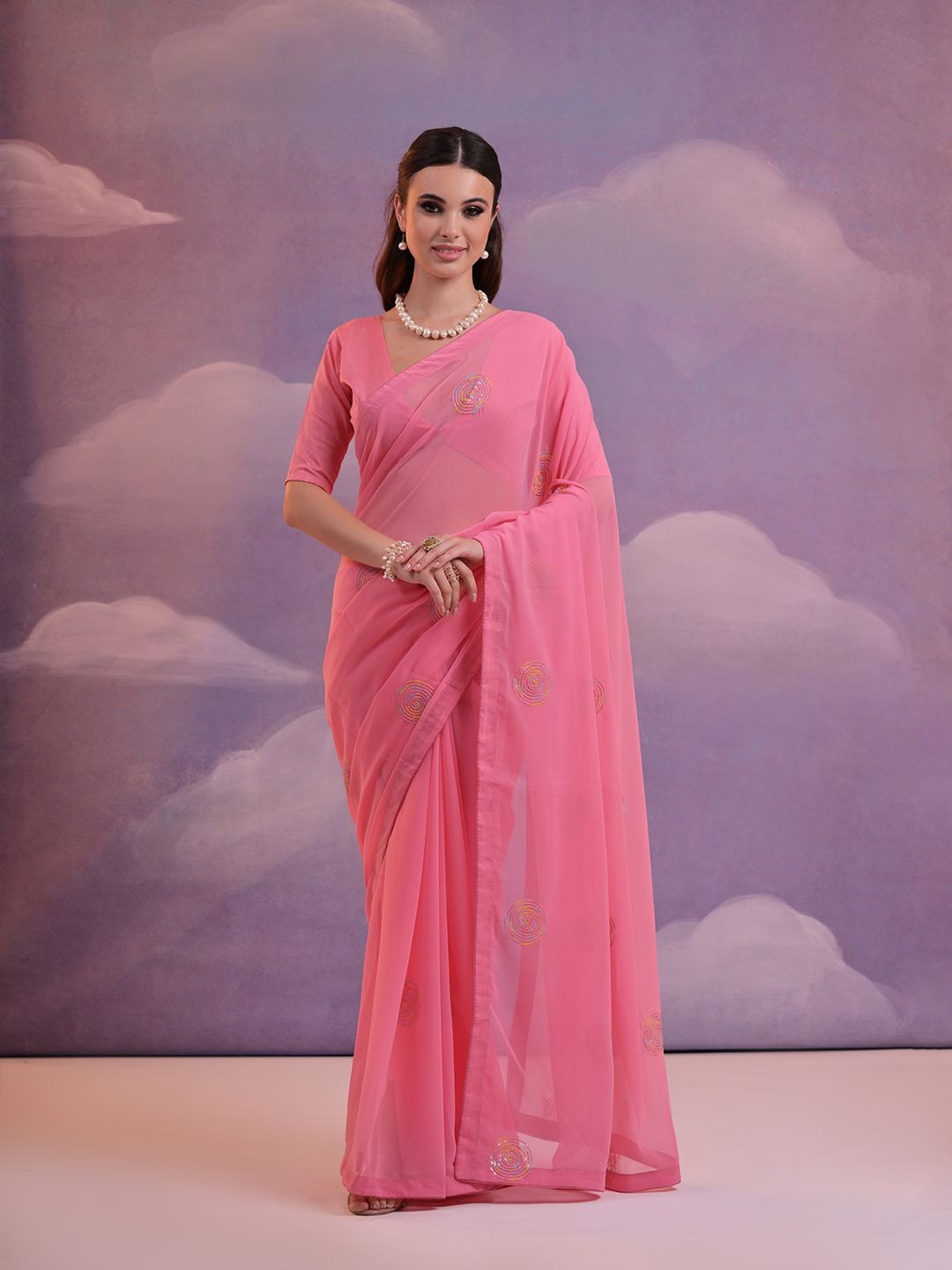 

KALINI Embellished Sequinned Poly Georgette Saree, Pink