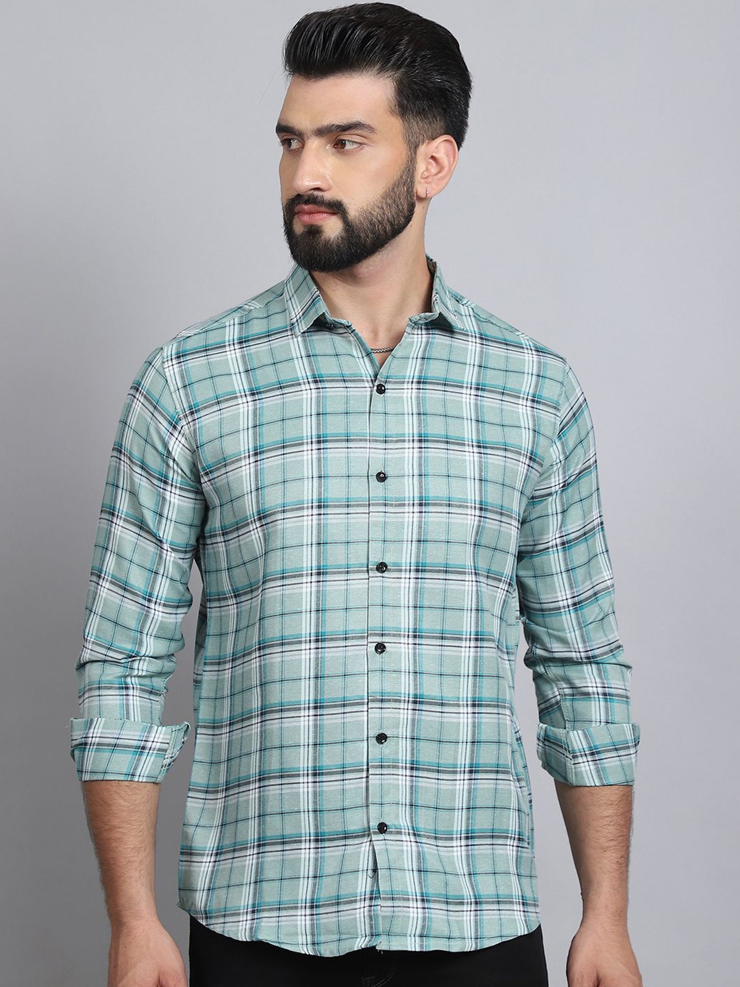 

Tanip Men Pack Of 2 Spread Collar Tartan Checked Cotton Casual Shirts, Green