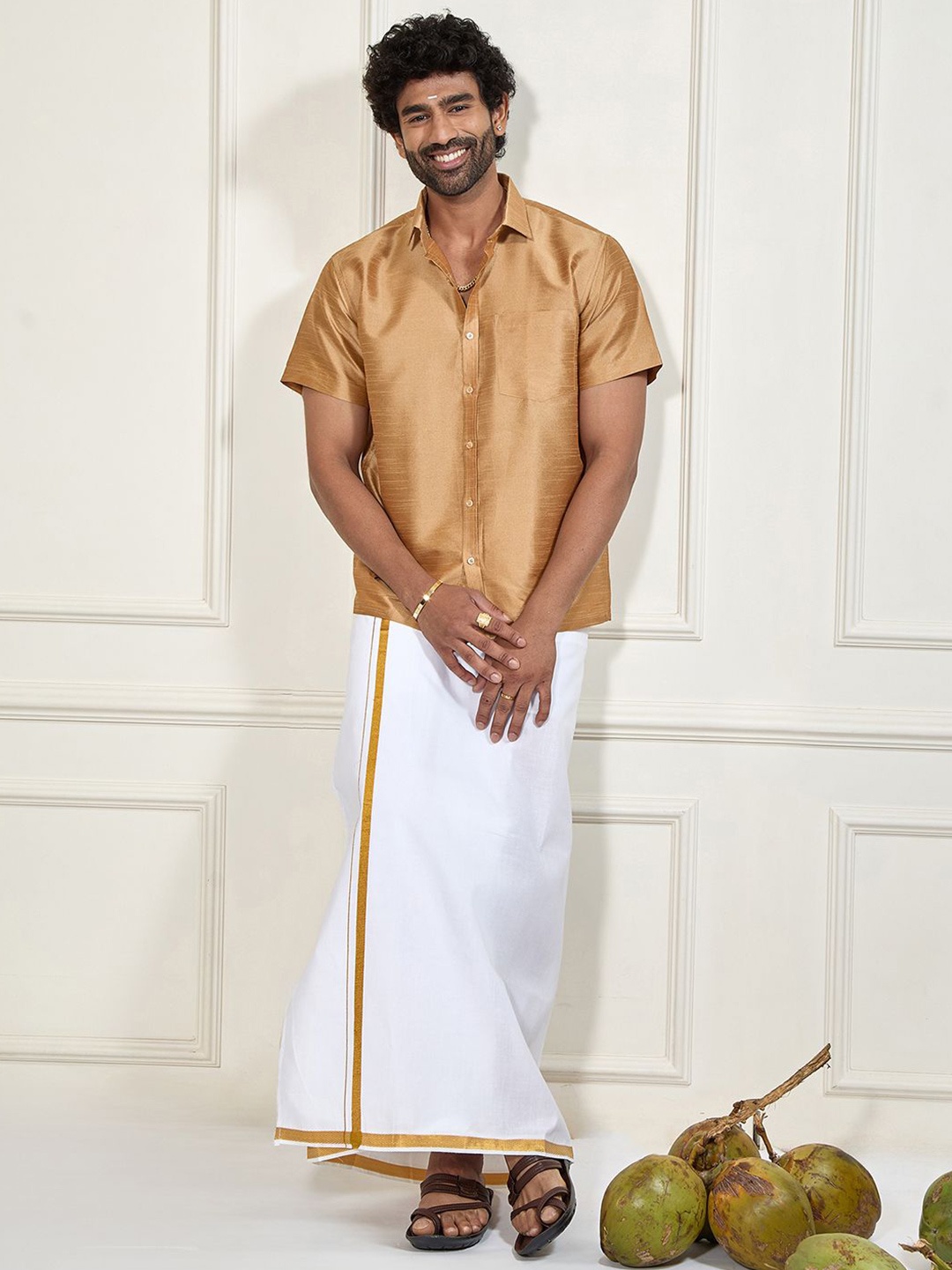 

VASTRAMAY Shirt Collar Shirt With Veshti, Rose gold