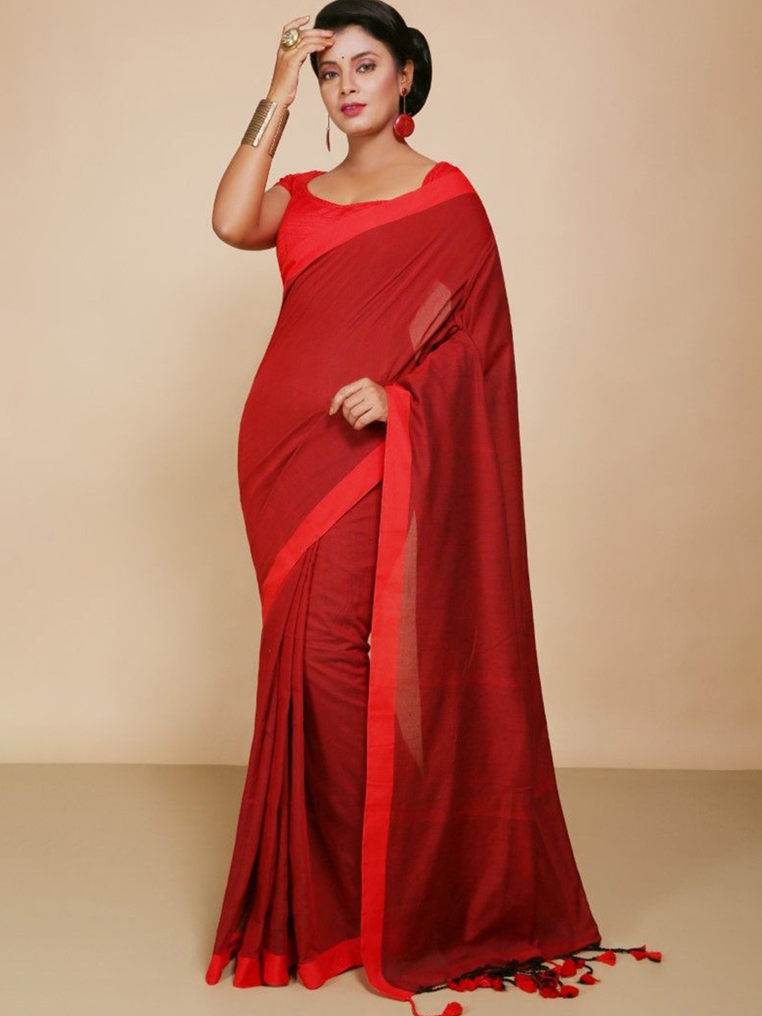 

BENGAL HANDLOOM Pure Cotton Taant Saree, Maroon