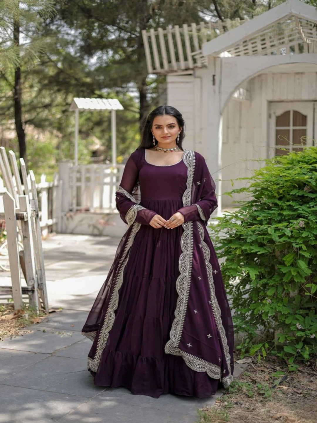 

Fashion Basket Round Neck Regular Georgette Anarkali Kurta With Palazzos & Dupatta, Purple