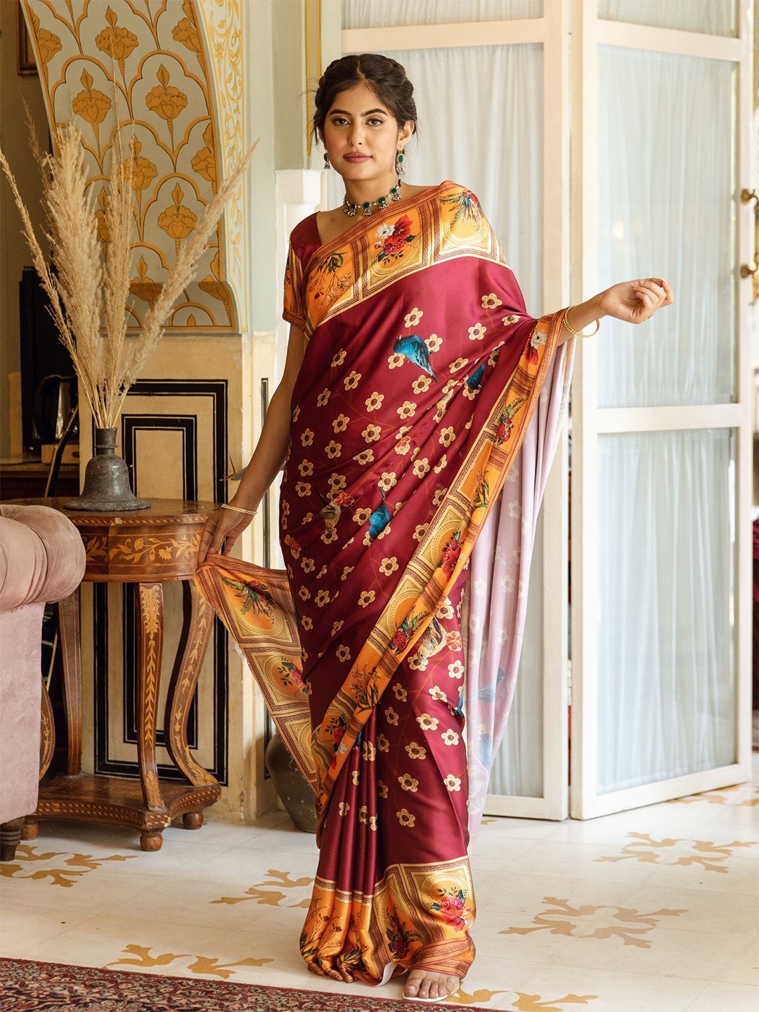 

ASHEERA Floral Satin Saree, Red