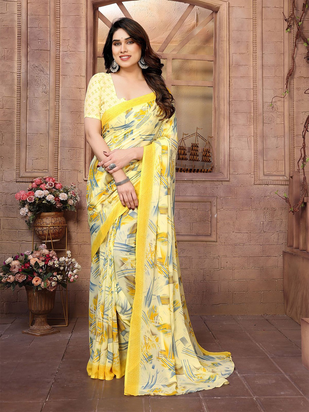 

ANAND SAREES Poly Georgette Saree, Yellow