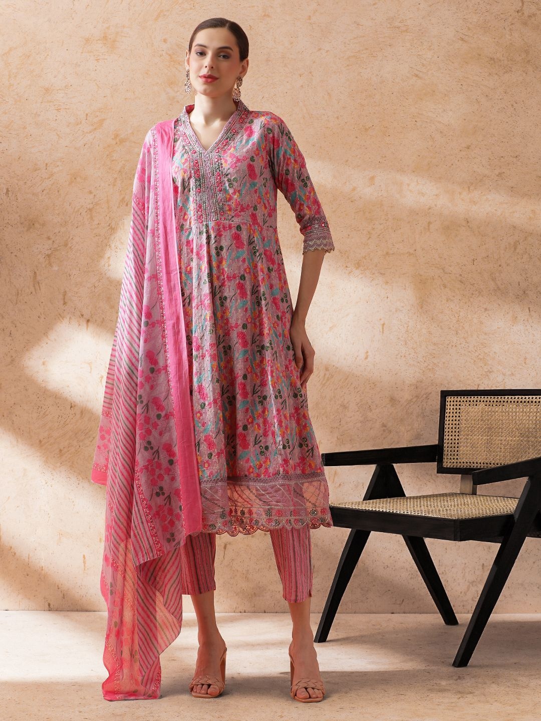 

STYLEBAAZI Floral Printed V-Neck Pure Cotton Anarkali Kurta With Trousers & Dupatta, Pink