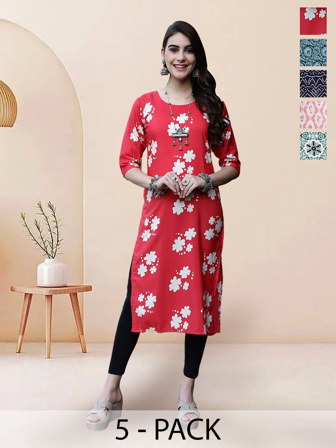 

7Threads Selection Of 5 Floral Printed Round Neck Straight Kurtas, Red