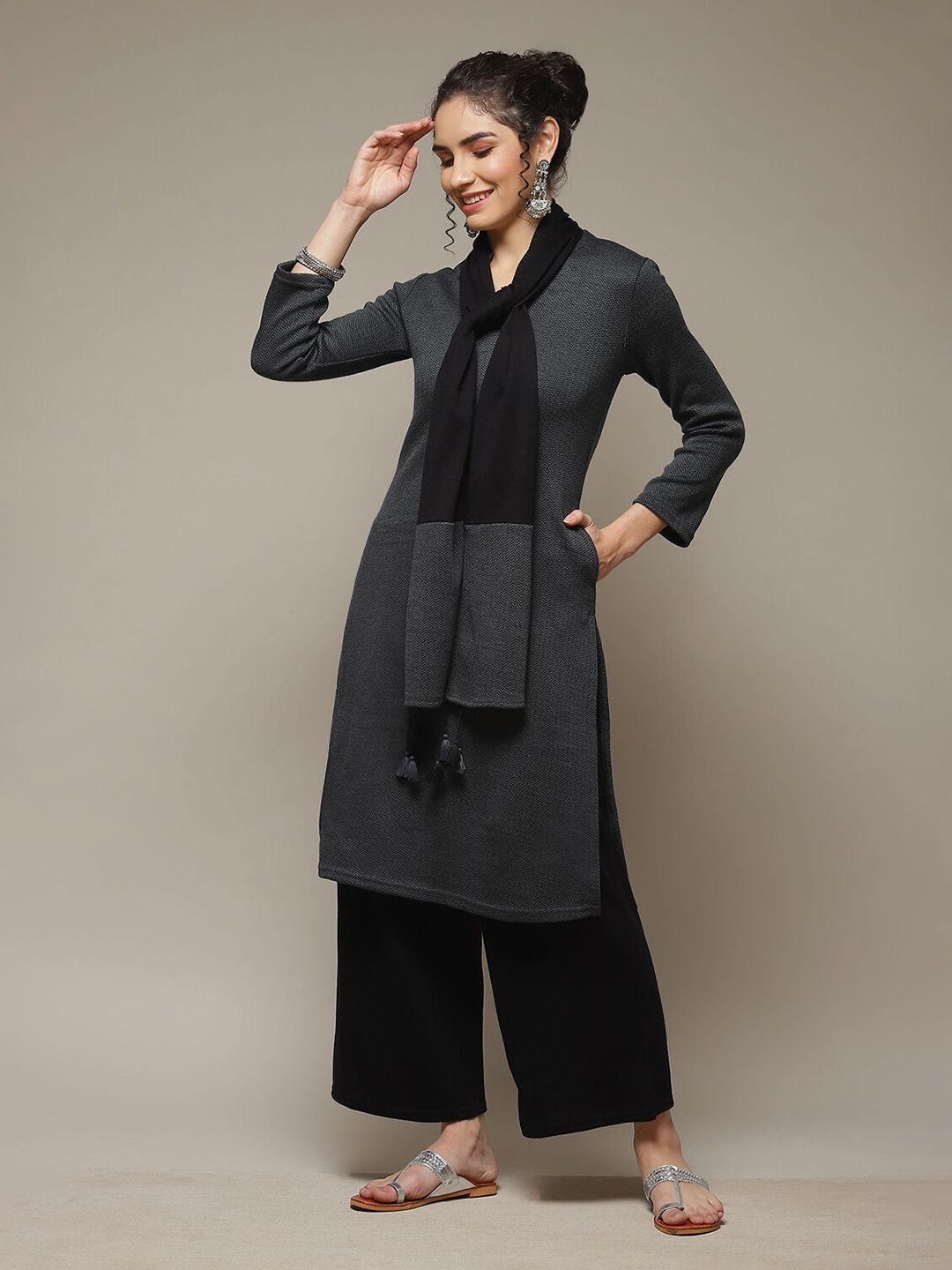 

Rangriti Chevron Woven Design Straight Kurta With Palazzos & Dupatta, Grey