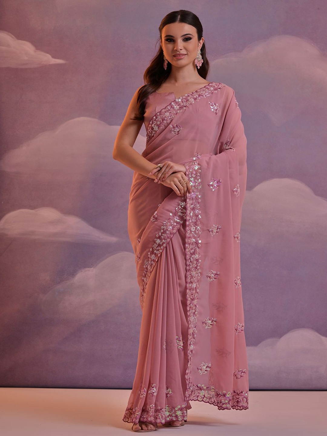 

KALINI Embellished Sequinned Poly Georgette Saree, Mauve