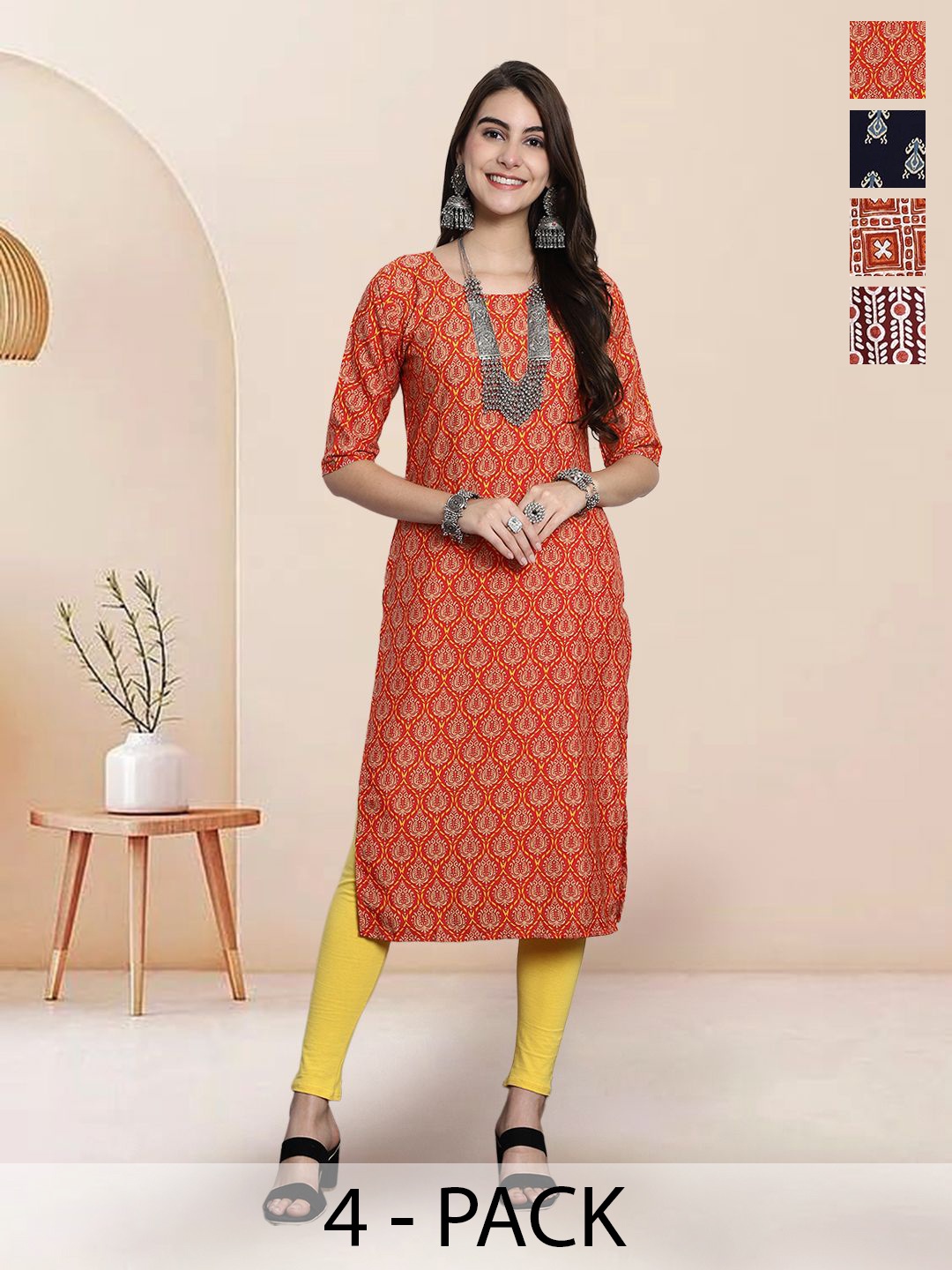 

7Threads Selection Of 4 Ethnic Motifs Printed Round Neck Straight Kurtas, Red
