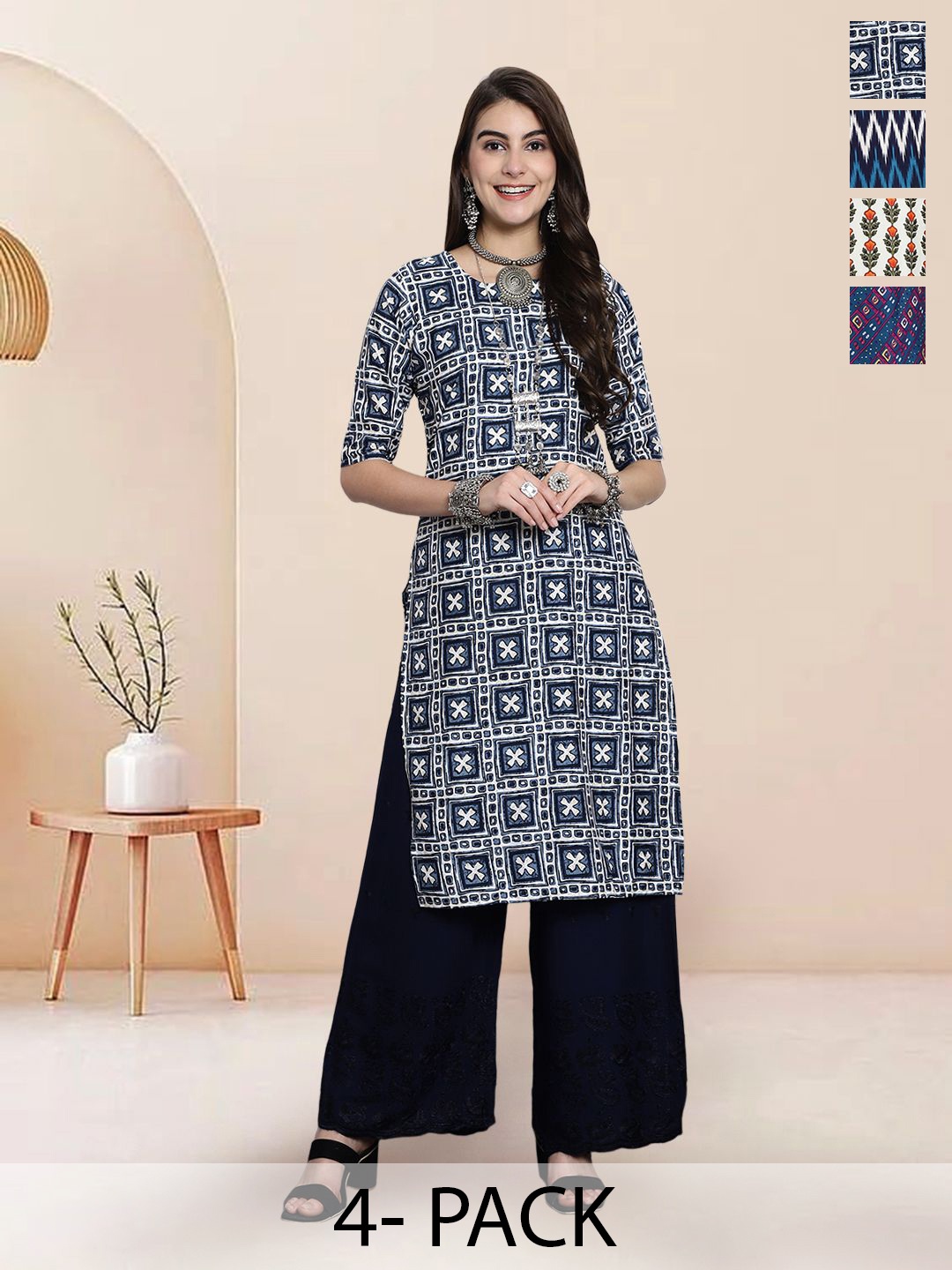 

7Threads Selection Of 4 Geometric Printed Round Neck Kurtas, Blue