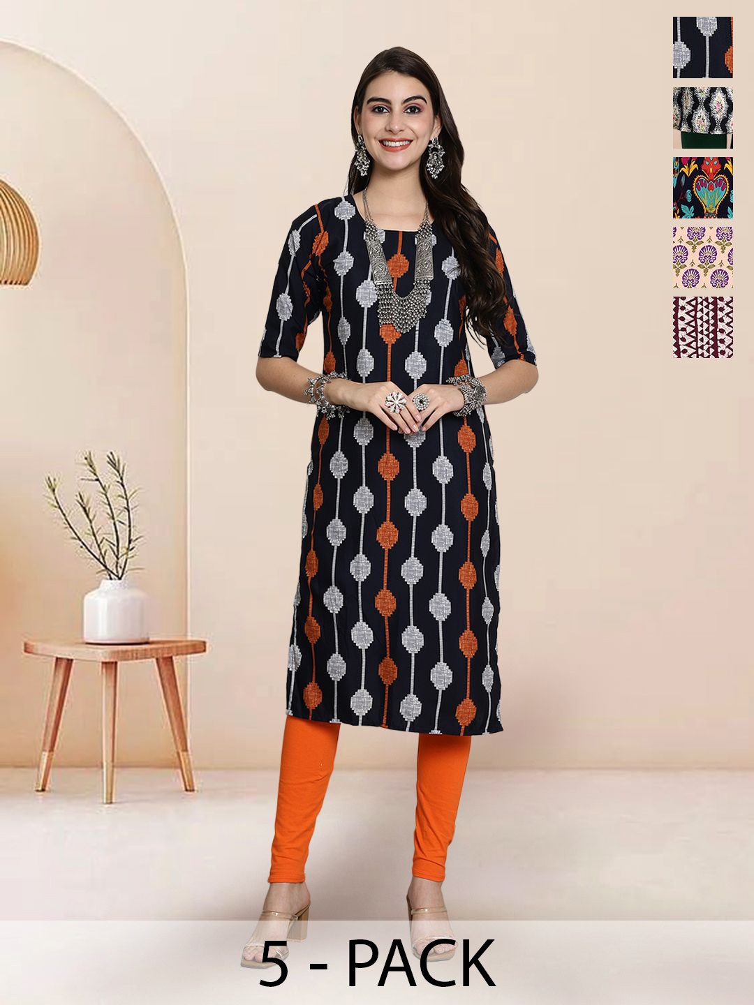 

7Threads Selection of 5 Geometric Printed Round Neck Straight Kurtas, Black