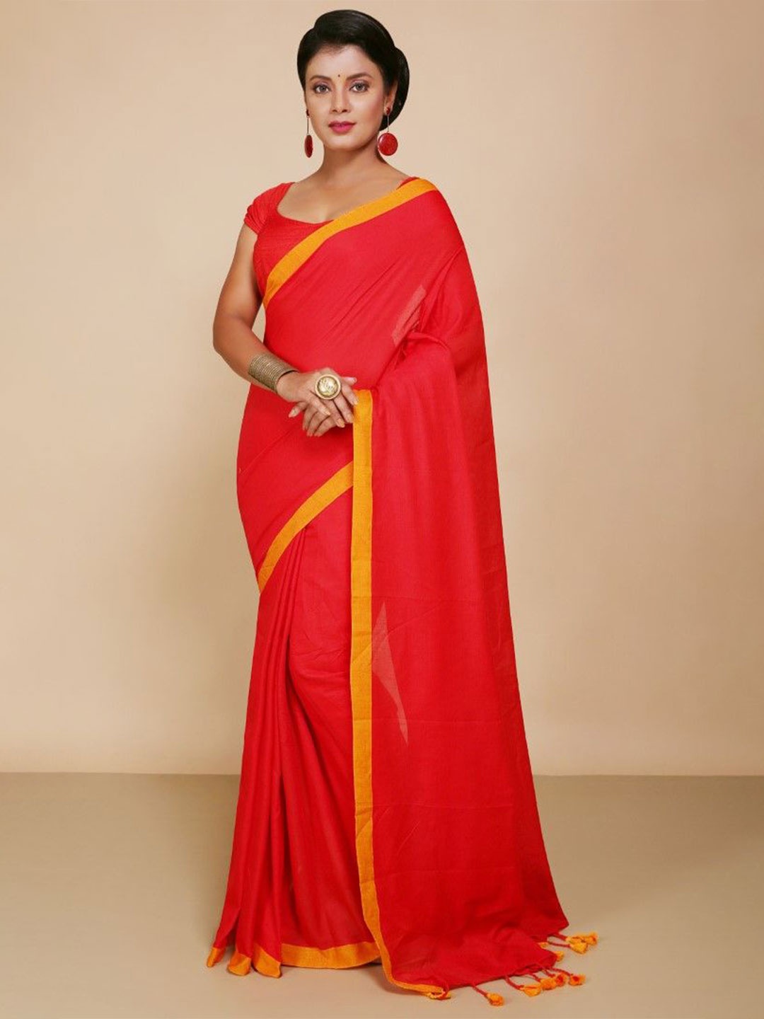 

BENGAL HANDLOOM Pure Cotton Taant Saree, Red