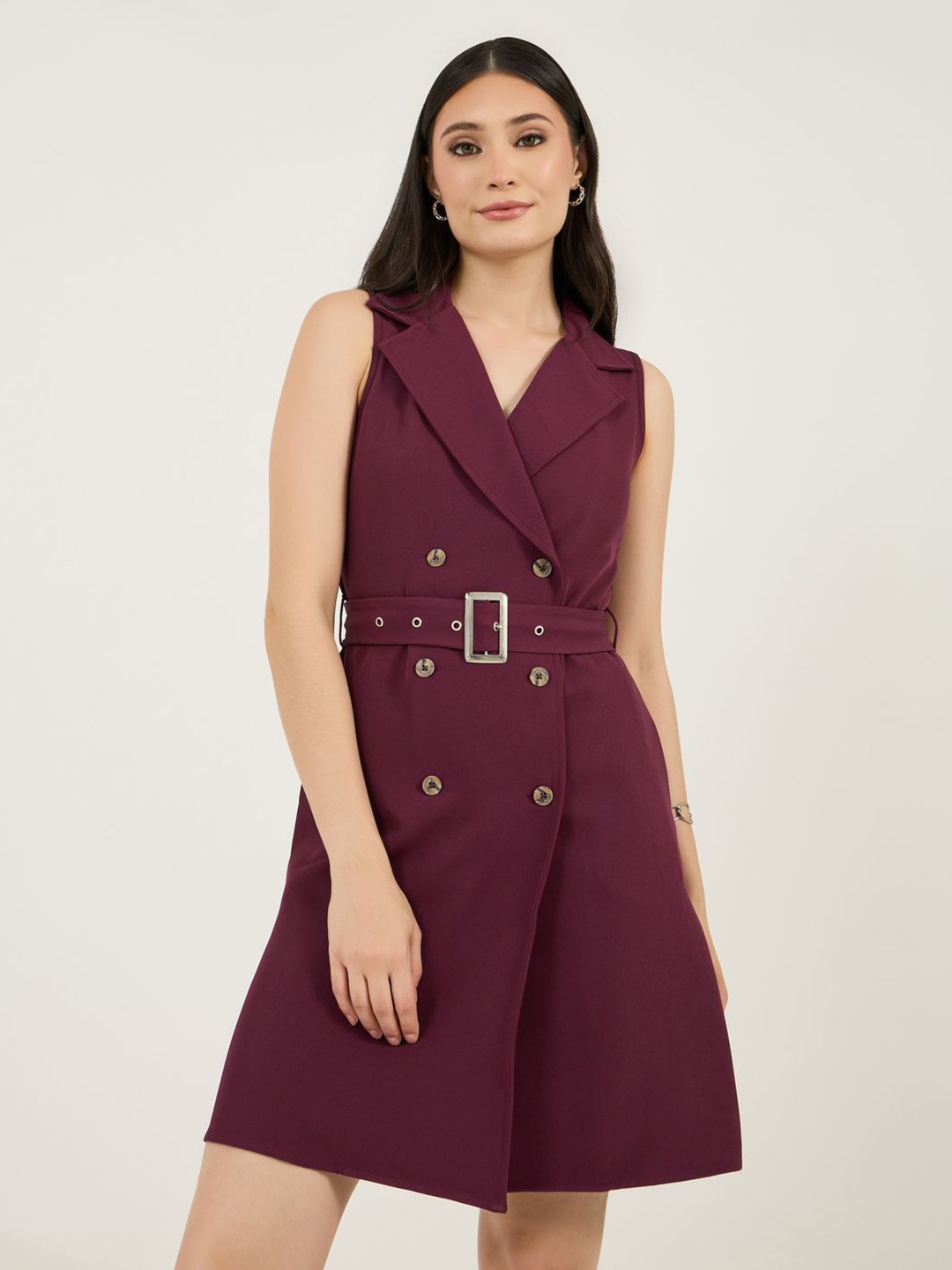 

Styli Women Solid Double Breasted Belted Blazer Dress, Burgundy