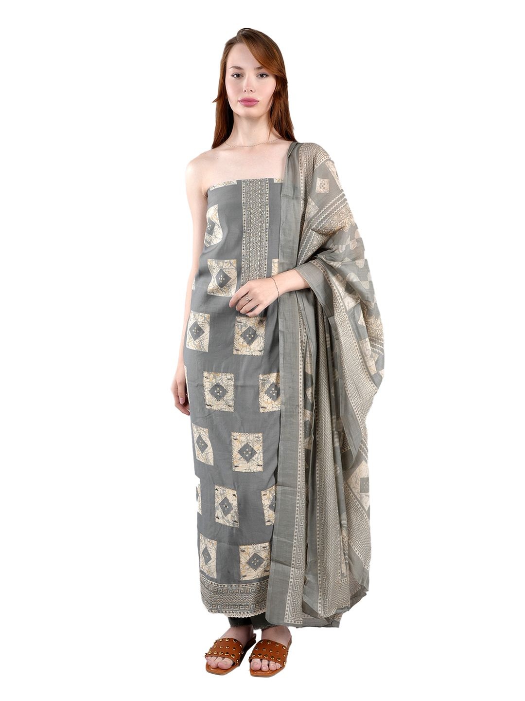 

MOZAFIA Geometric Printed Unstitched Dress Material, Grey