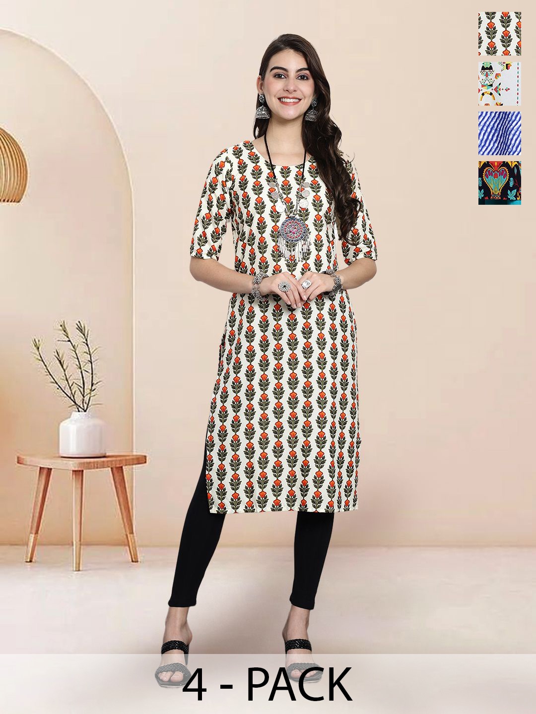 

7Threads Selection Of 4 Floral Printed Round Neck Straight Kurtas, Off white