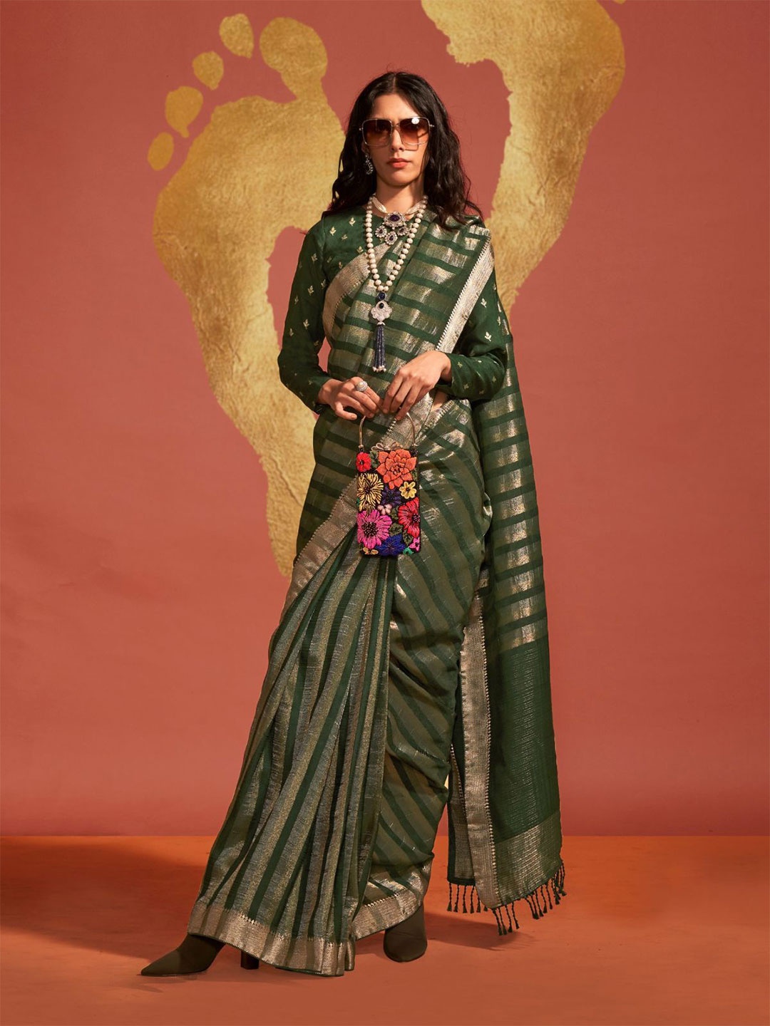 

ODETTE Woven Design Zari Saree, Olive