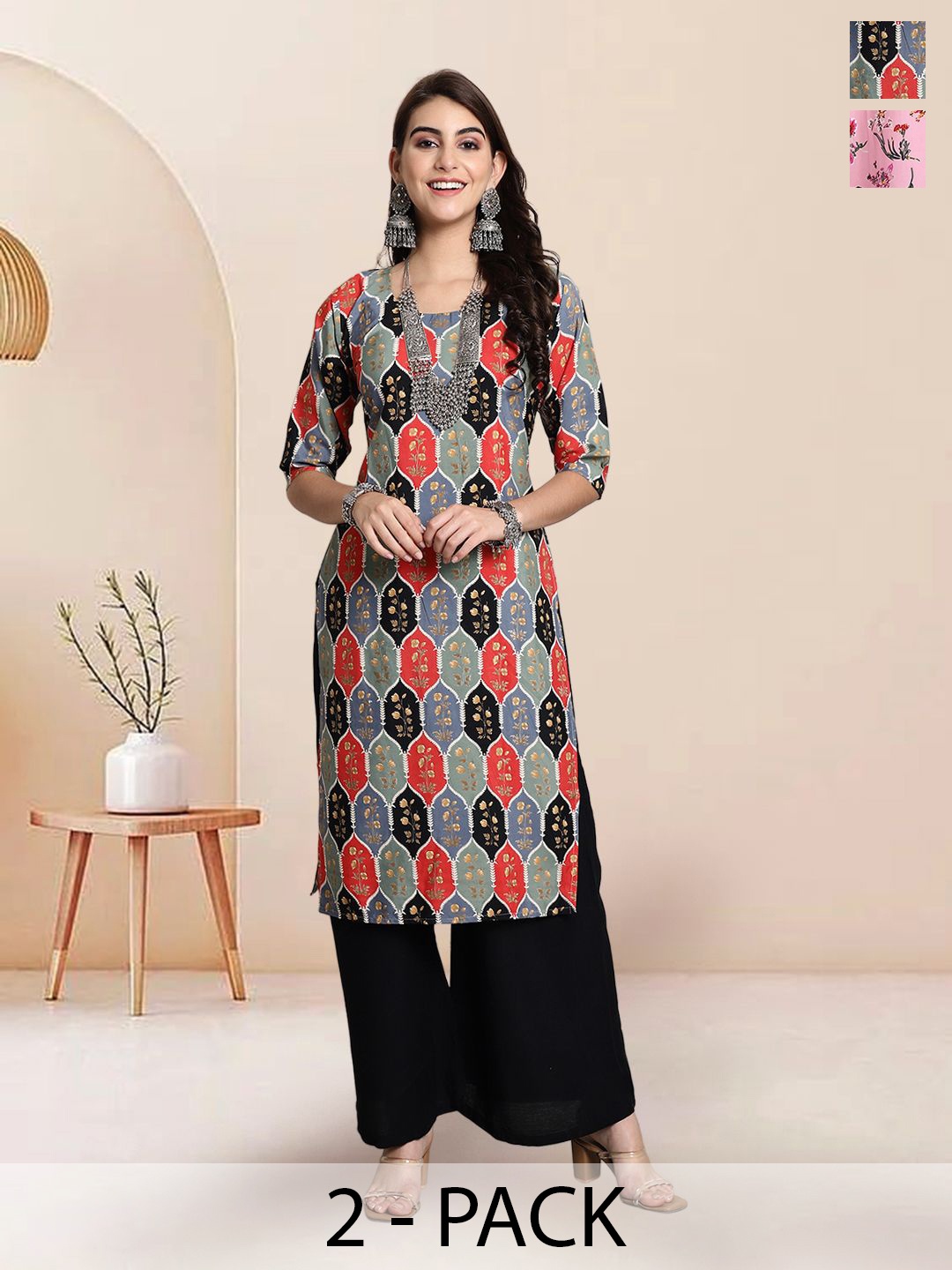 

7Threads Selection Of 2 Floral Printed Round Neck Straight Kurtas, Black