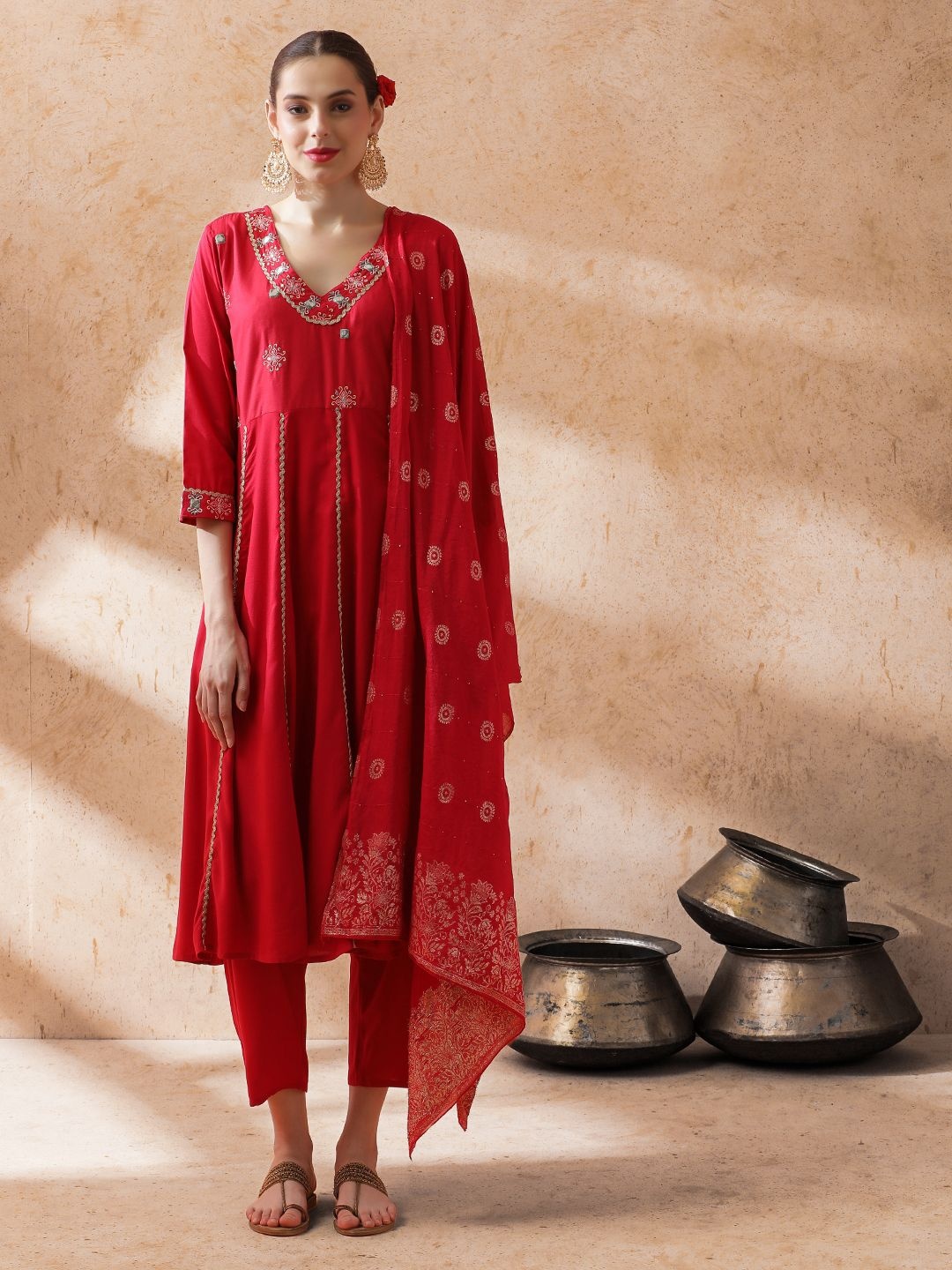 

STYLEBAAZI Empire V-Neck Mirror Work Anarkali Kurta With Trousers & Dupatta, Red