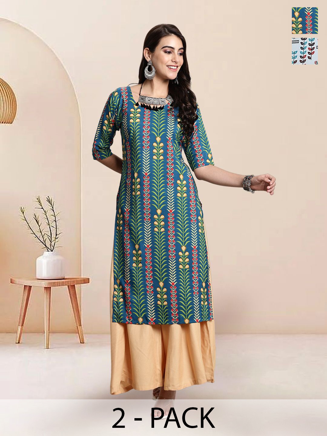 

7Threads Selection of 2 Floral Printed Round Neck Straight Kurtas, Teal