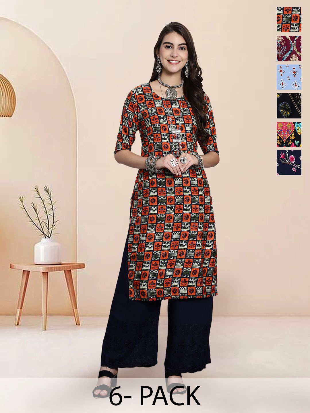 

7Threads Selection of 6 Floral Printed Round Neck Straight Kurtas, Red