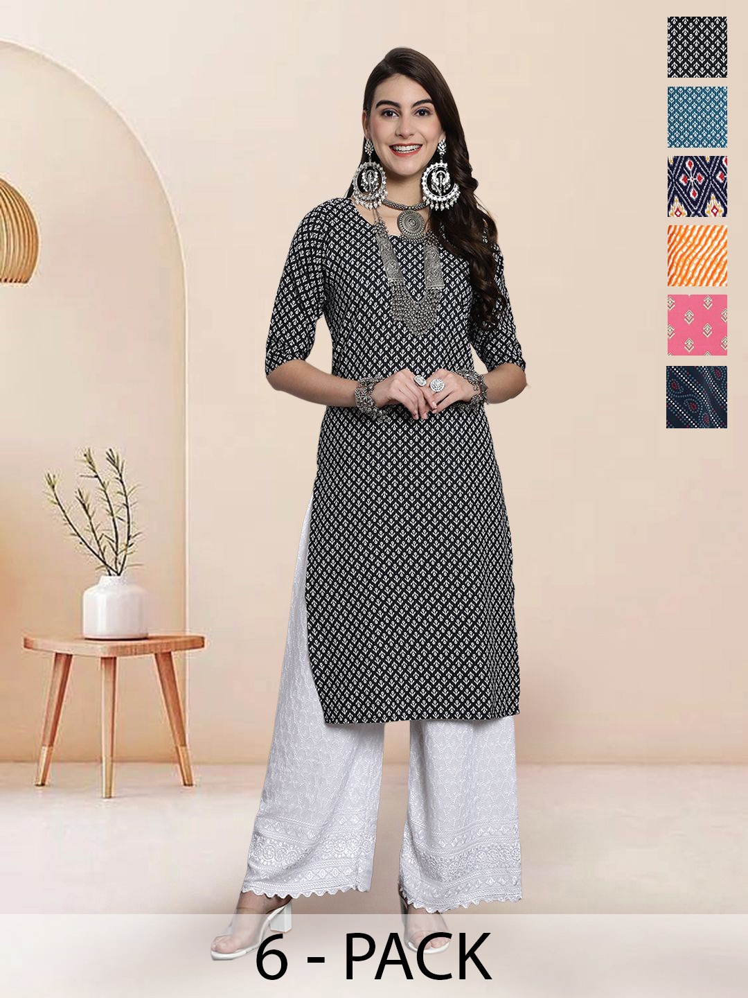 

7Threads Selection of 6 Floral Printed Round Neck Straight Kurtas, Black