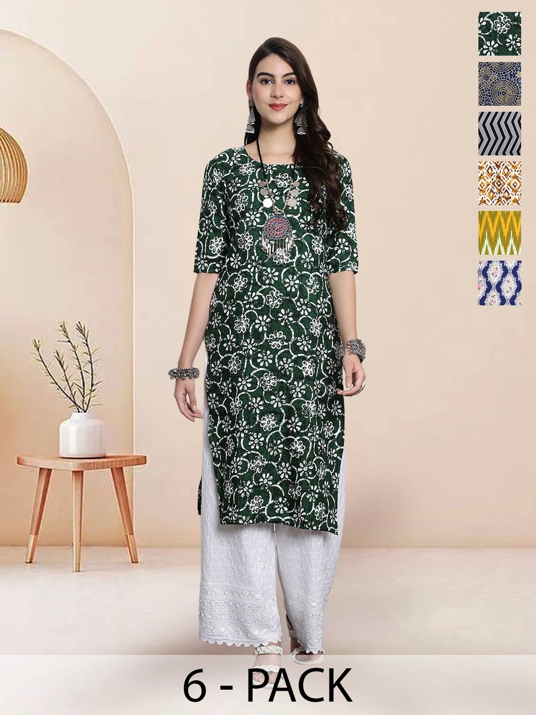 

7Threads Selection Of 6 Floral Printed Round Neck Straight Kurtas, Green