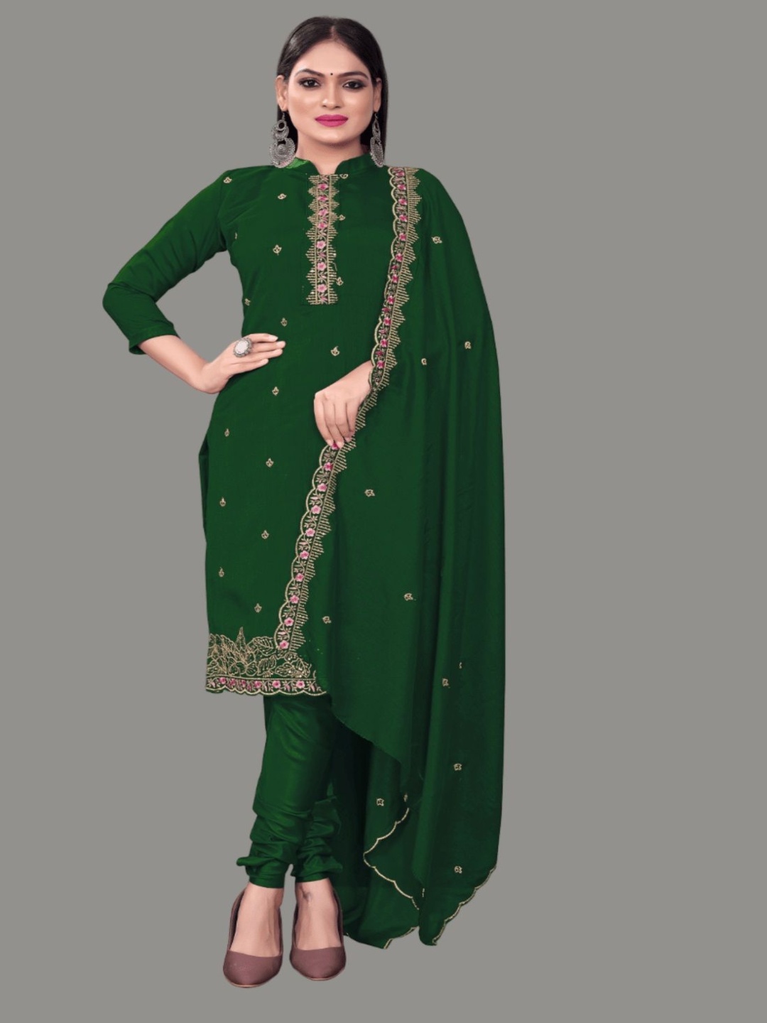 

A TO Z CART Floral Embroidered Sequinned Pure Silk Unstitched Dress Material, Green