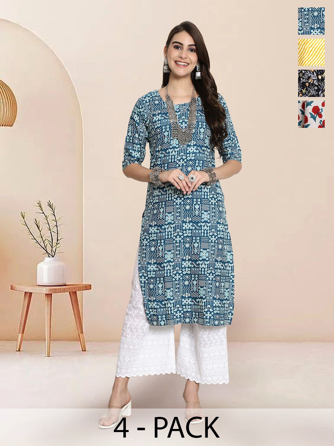 

7Threads Selection Of 4 Geometric Printed Round Neck Straight Kurtas, Blue