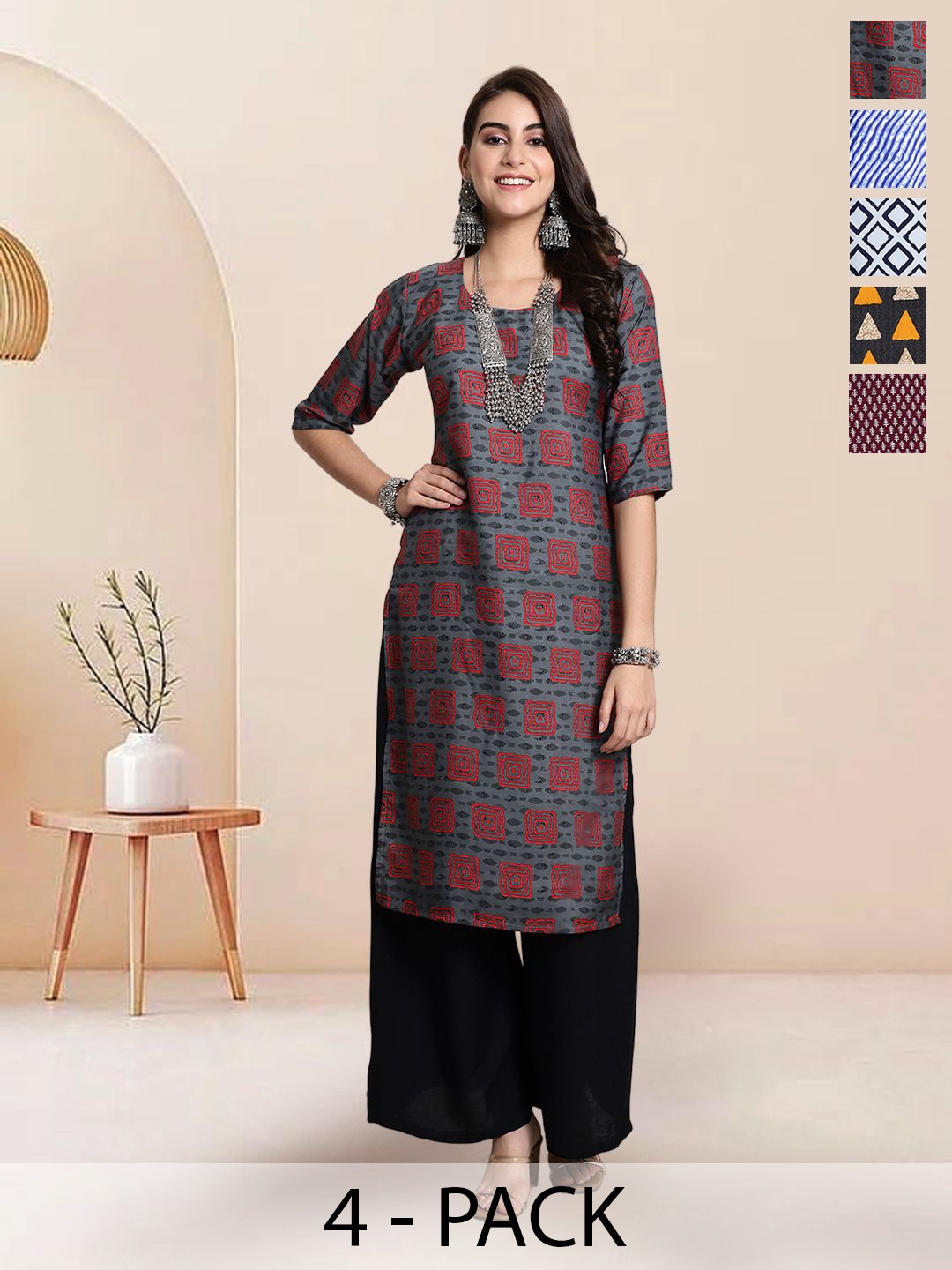 

7Threads Pack of 5 Ethnic Motifs Printed Straight Kurta, Grey