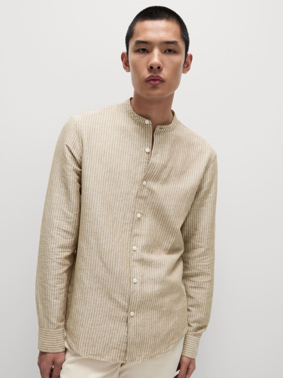 

Marks & Spencer Men Band Collar Vertical Striped Linen Casual Shirt, Beige
