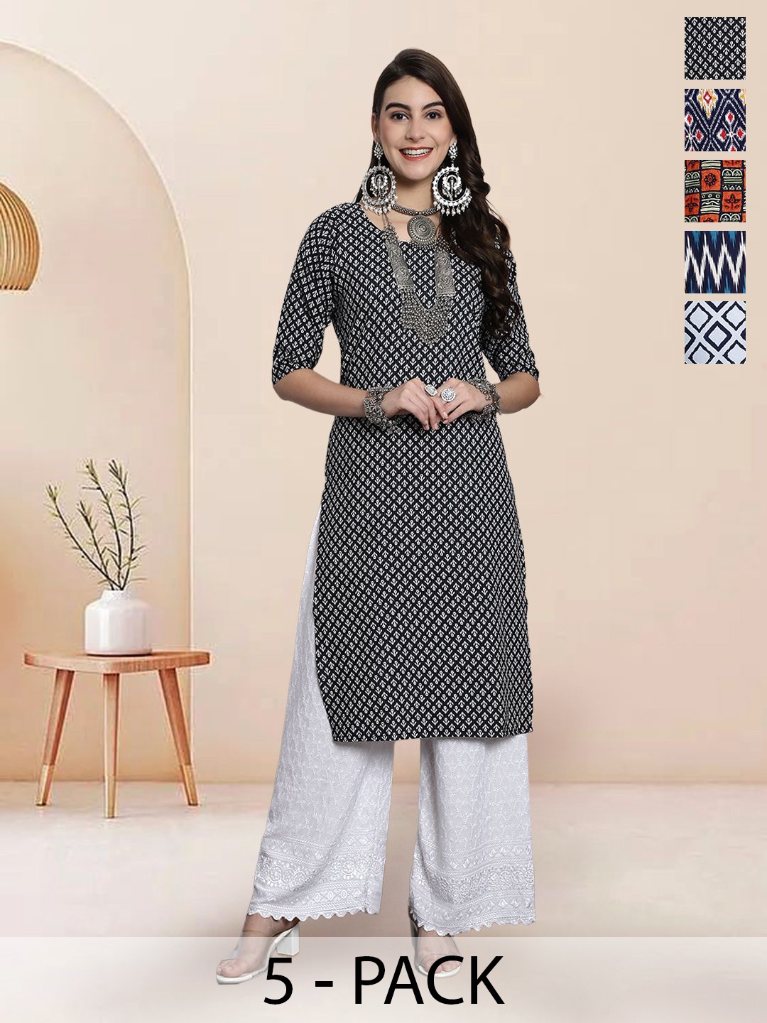 

7Threads Selection Of 5 Ethnic Motifs Printed Round Neck Straight Kurta, Black