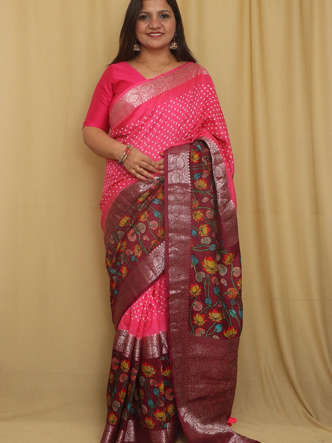 

Luxurionworld Woven Design Zari Pure Silk Handloom Bandhani Saree, Pink