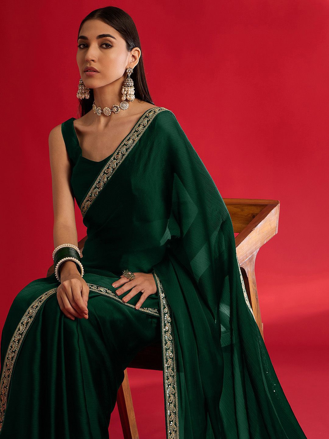 

Mitera Embroidered Satin Saree, Green