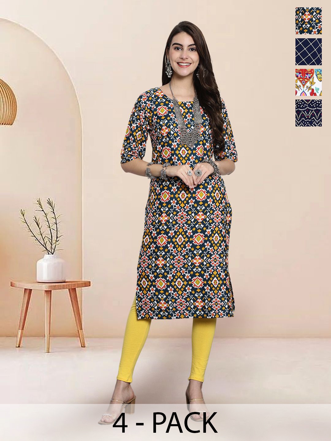 

7Threads Selection Of 4 Ethnic Motifs Round Neck Straight Kurtas, Green