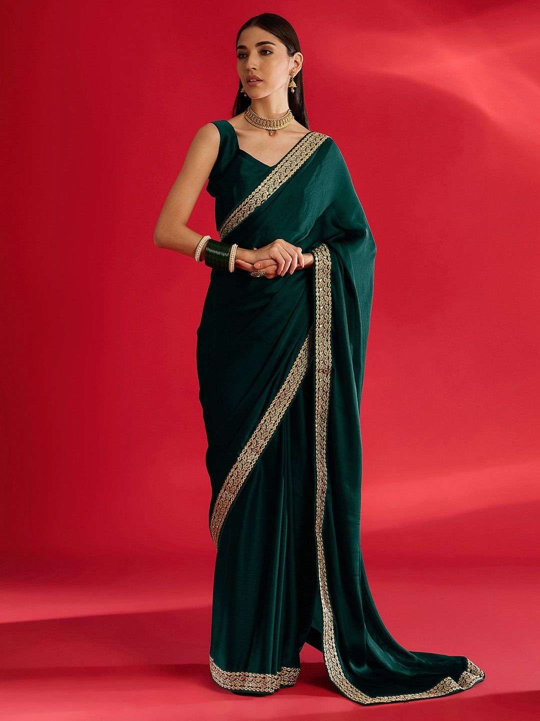 

Mitera Embroidered Satin Saree, Green