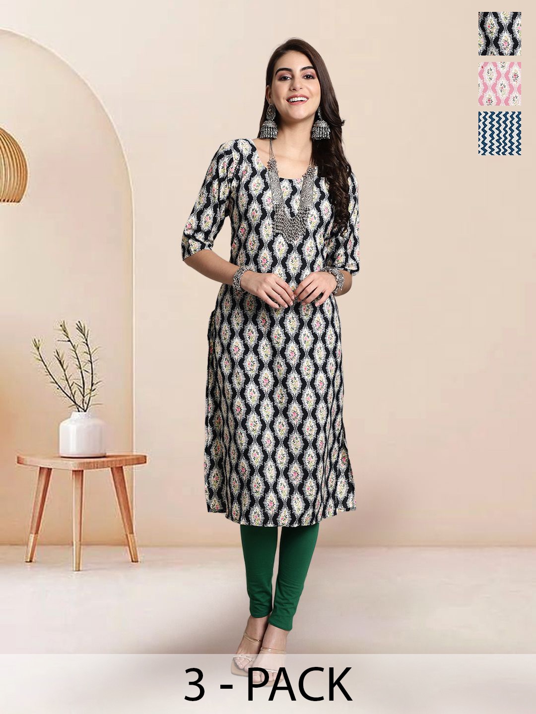 

7Threads Selection Of 3 Ethnic Motifs Printed Round Neck Kurtas, Black