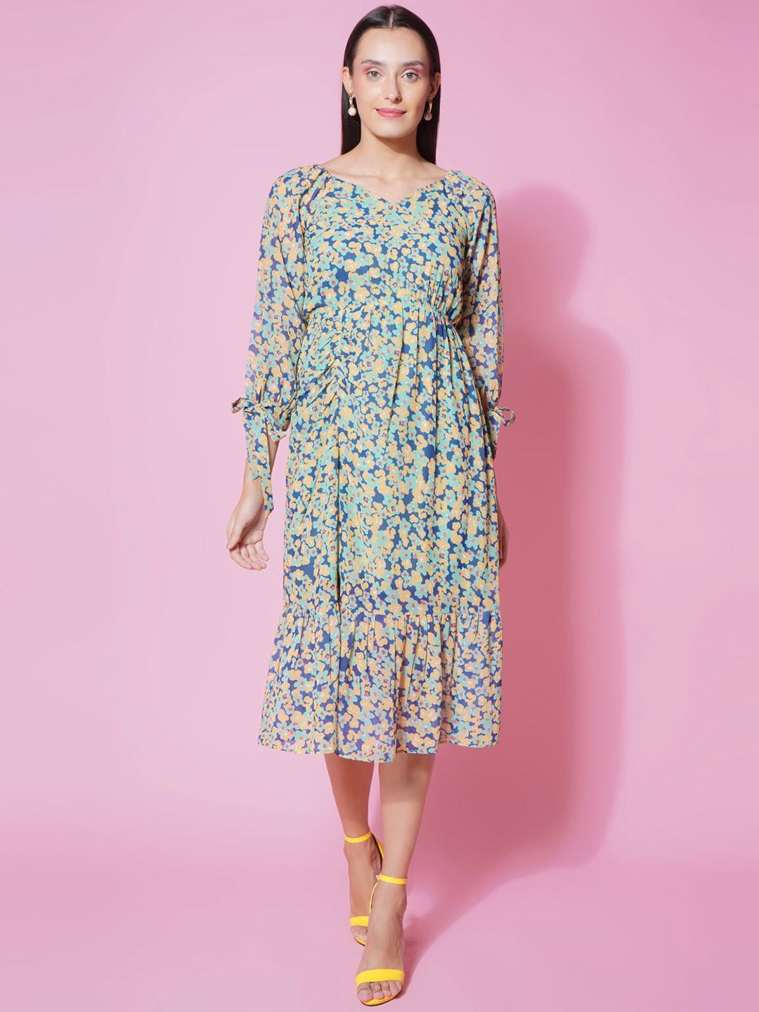 

KATLINE Floral Print Georgette A-Line Midi Dress, Blue