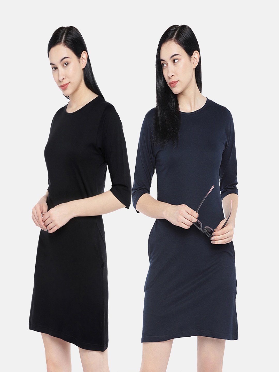 

STATUS MANTRA Pack of 2 Round Neck Pure Cotton T-shirt Dresses, Black