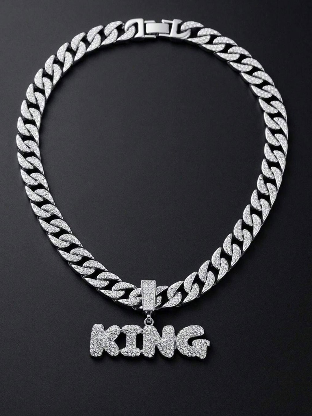 

VAGHBHATT Men Sterling Silver-Plated CZ-Studded Hip Hop Letter KING Pendant & Chain