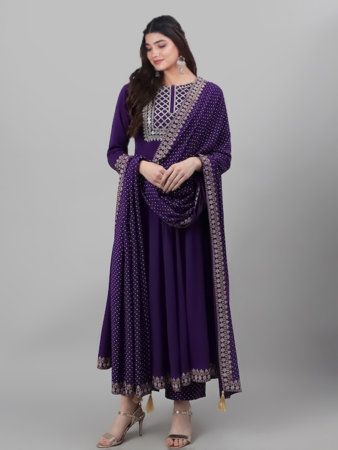 

IkDaiya Ethnic Motifs Embroidered Flared Sequinned Anarkali Kurta With Trousers & Dupatta, Purple