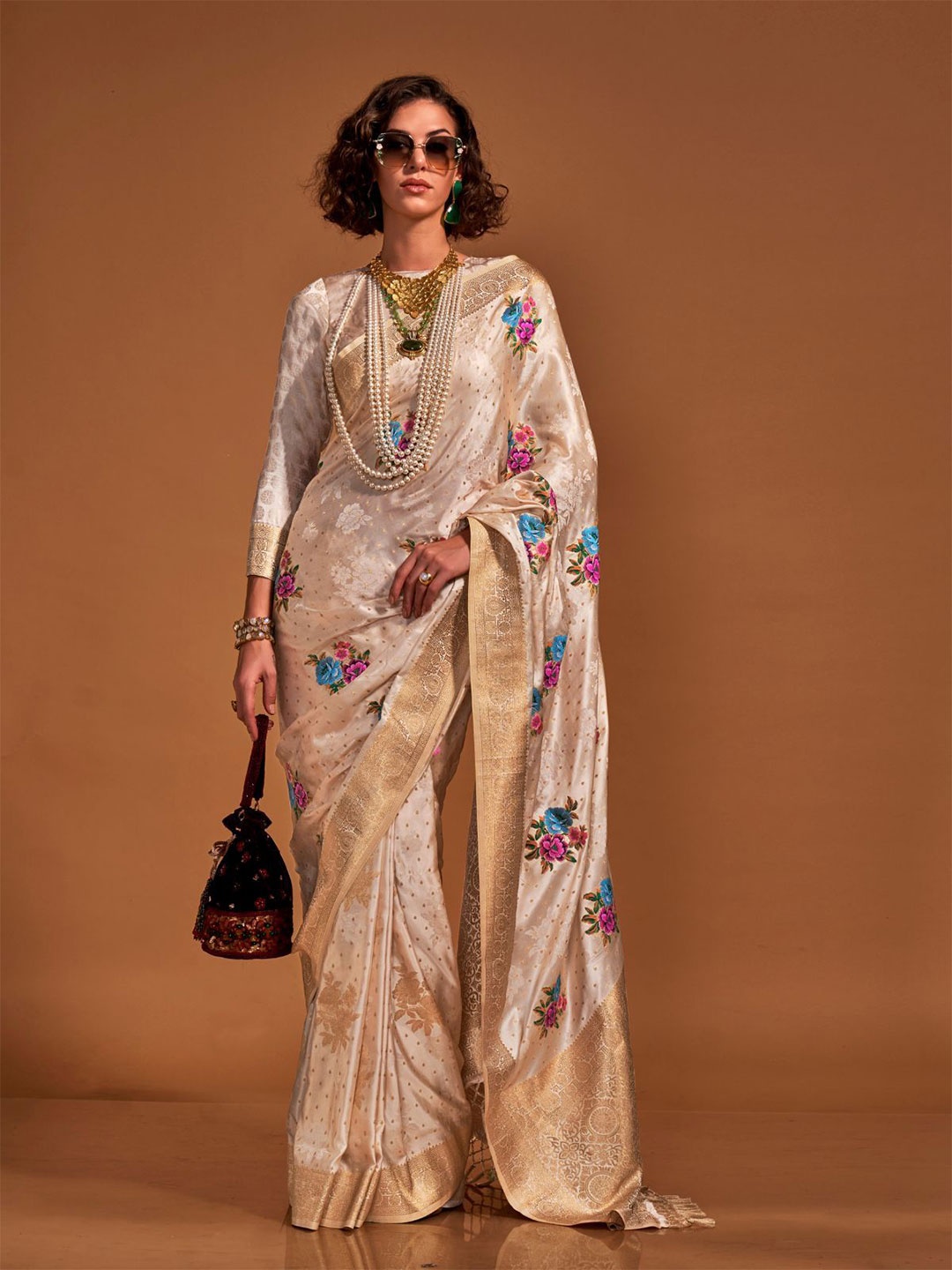 

ODETTE Woven Design Zari Satin Saree, Beige