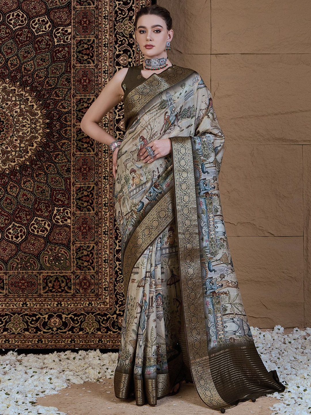 

Anouk Ethnic Motifs Zari Silk Blend Sungudi Saree, Beige
