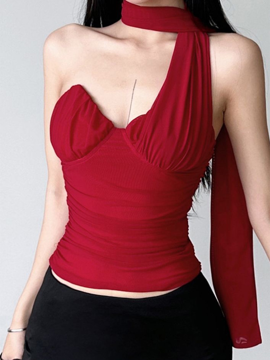

LULU & SKY One Shoulder Wrap Crop Top, Red