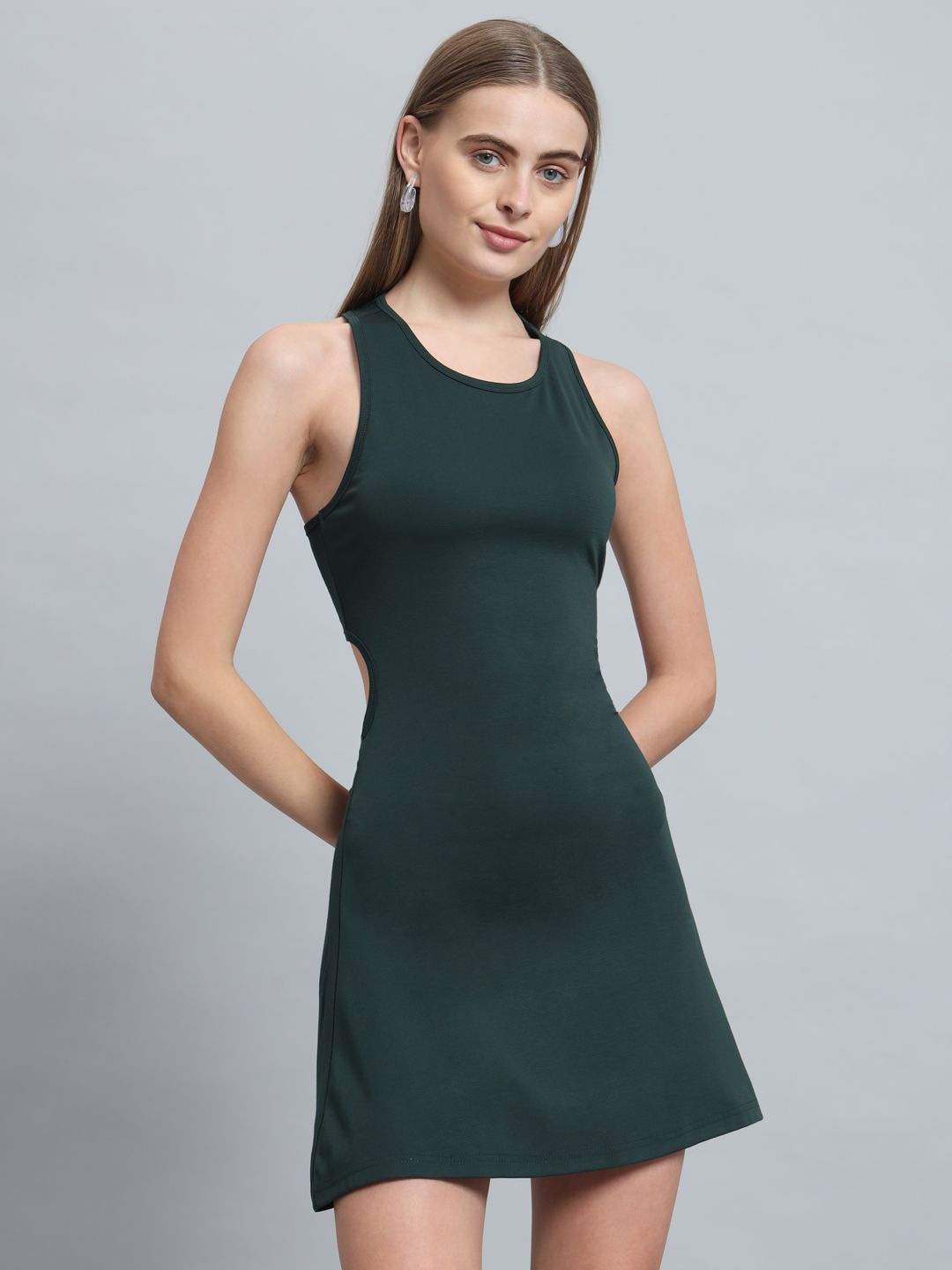 

ND & R Women Strechable Solid Sleeveless Skater Mini Length Dress, Green