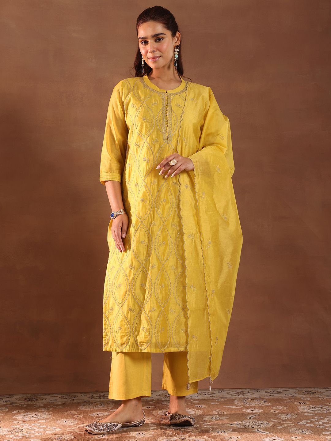 

Libas Ethnic Motifs Embroidered Chanderi Silk Kurta With Trousers & Dupatta, Mustard