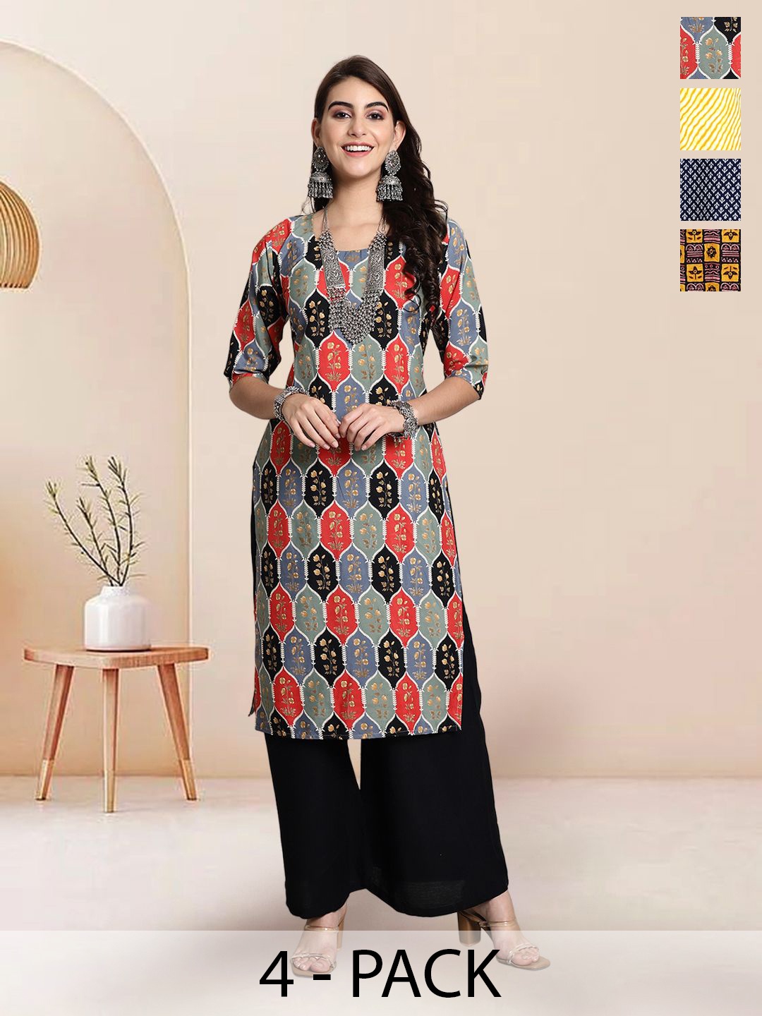 

7Threads Selection Of 4 Ethnic Motifs Printed Straight Kurtas, Black