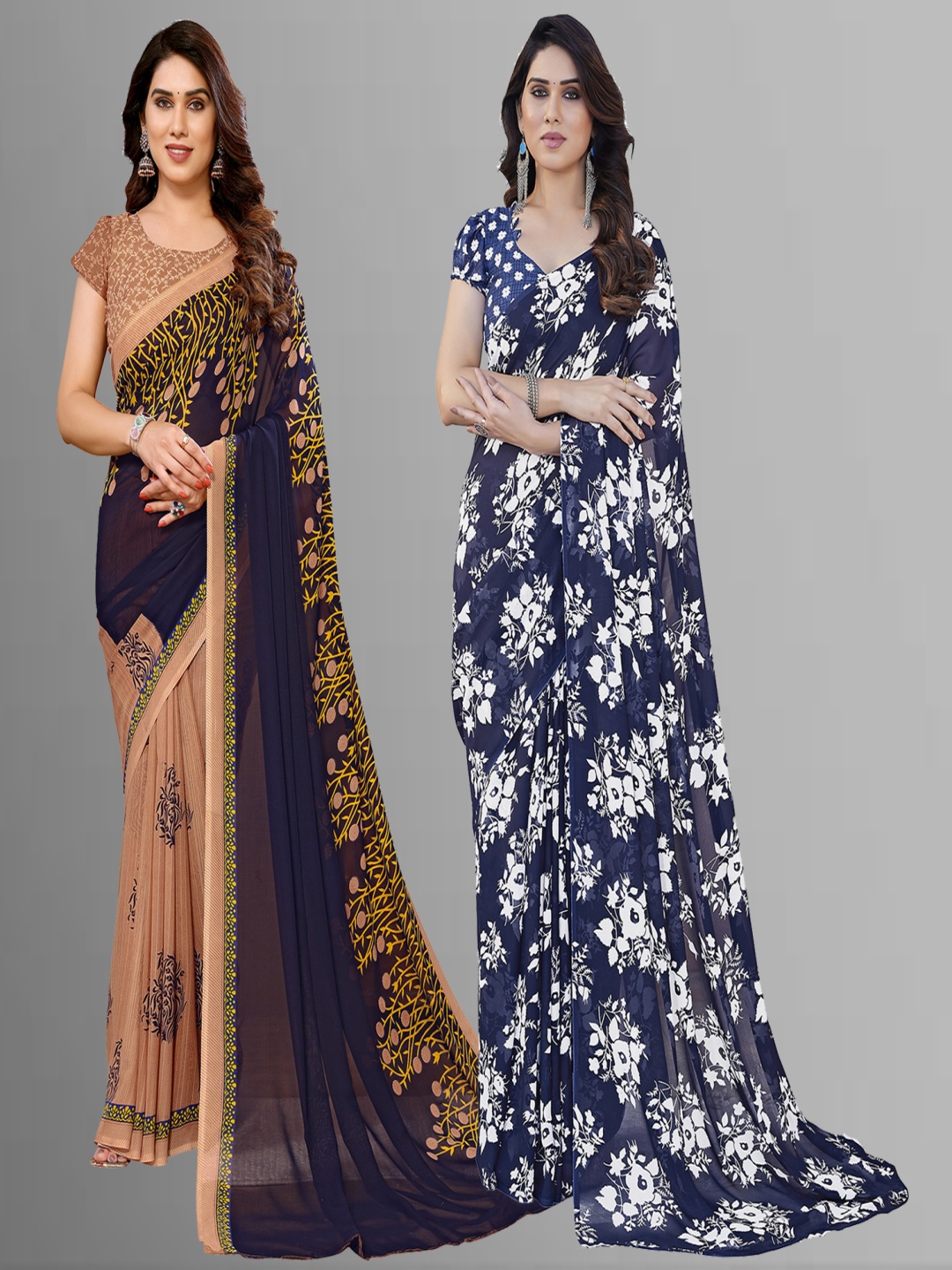 

ANAND SAREES Selection of 2 Floral Printed Sarees, Blue