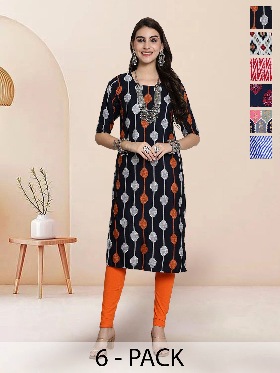 

7Threads Selection Of 6 Geometric Printed Round Neck Straight Kurtas, Black