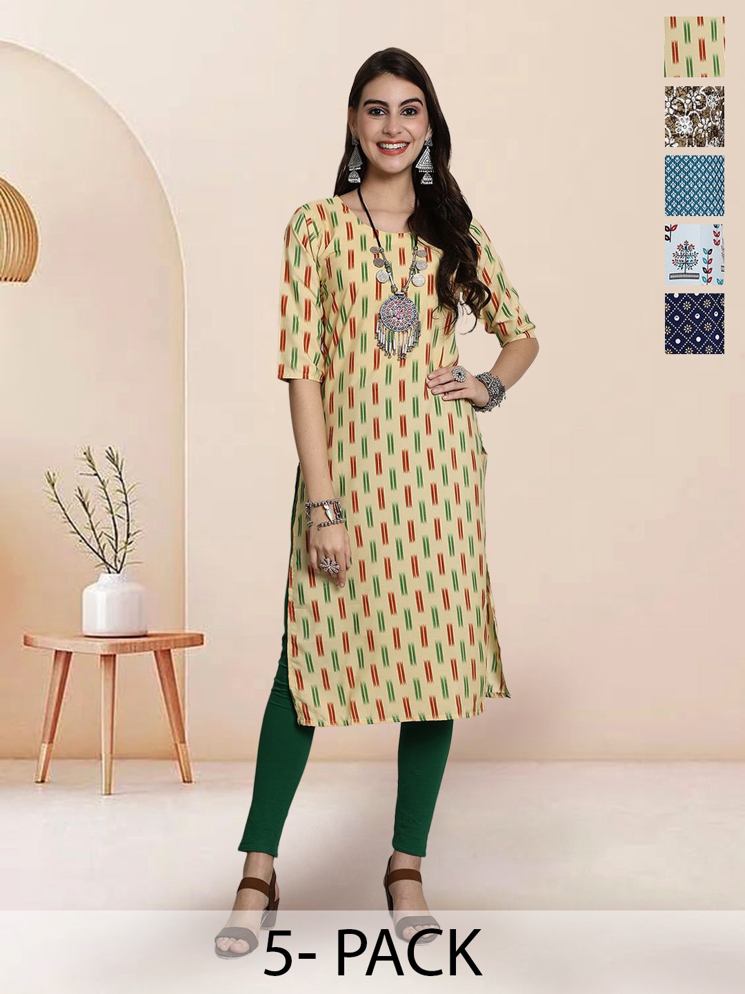 

7Threads Selection Of 5 Geometric Printed Round Neck Straight Kurtas, Yellow