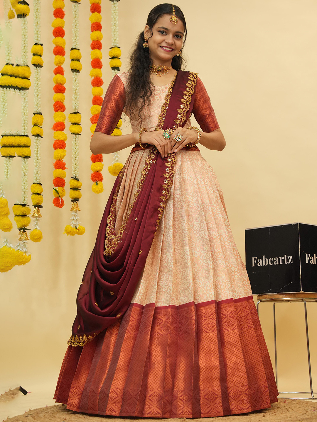 

Fabcartz Floral Woven Design Zari Semi-Stitched Lehenga & Unstitched Blouse With Dupatta, Cream
