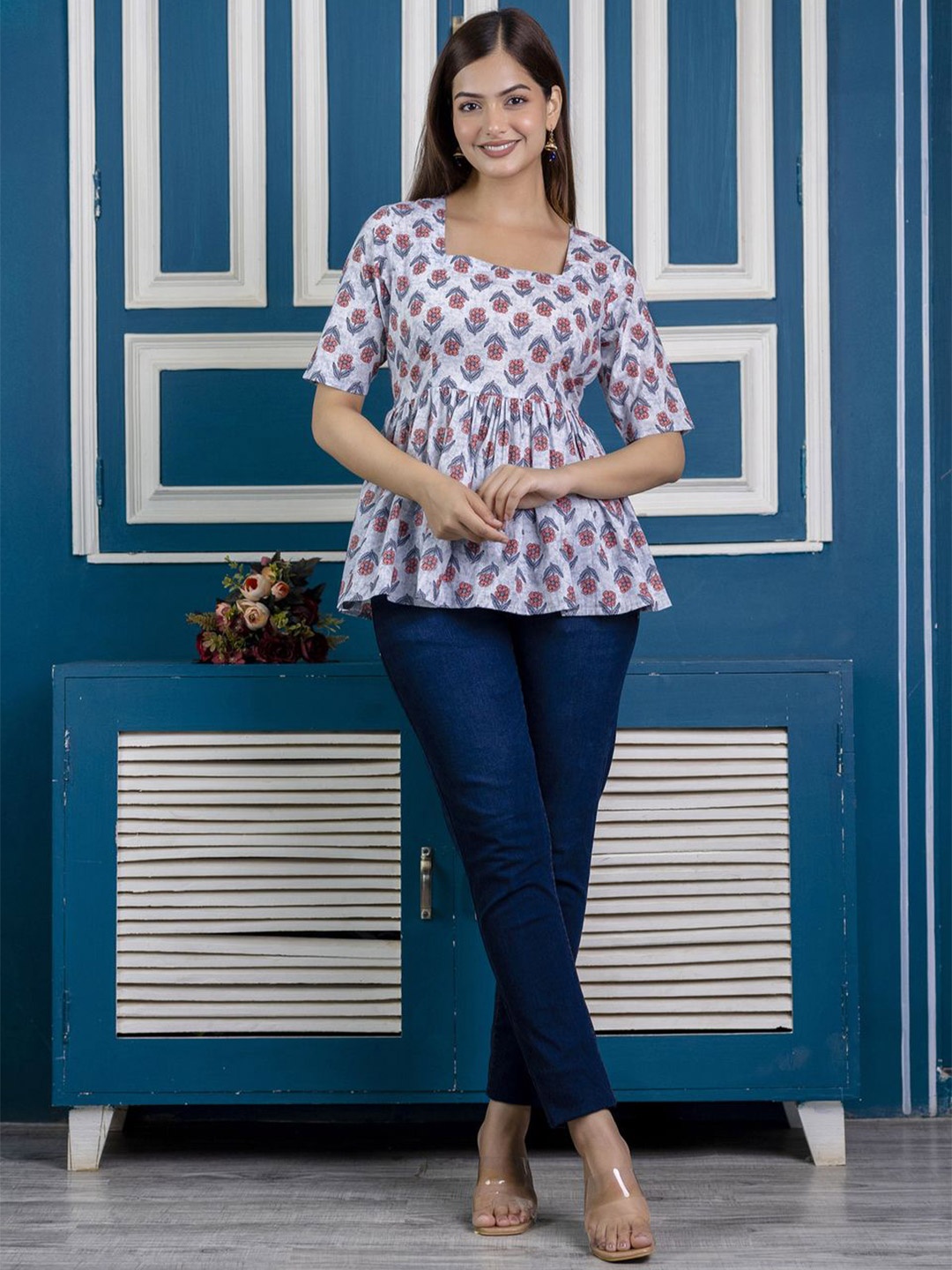 

MERAAKI FASHION Floral Print Cotton Top, Grey